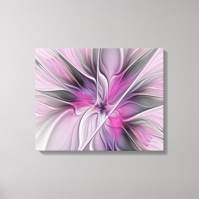 Impressão Em Tela Floral Fractal Moderno Abstrato Flor Rosa Cinza (Frente)