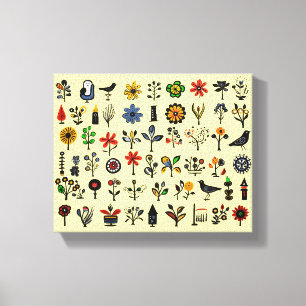 Impressão Em Tela Floral popular e aves coloridas