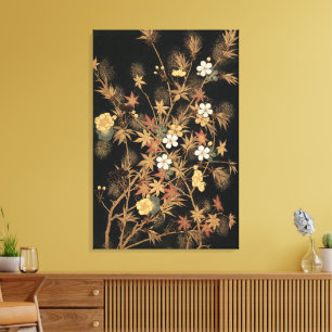Impressão Em Tela Floral Preto Arte Floral Dourada Outonal Japonesa 