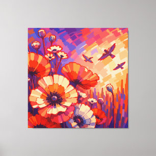 Impressão em Tela Floral Retro Vibrante Fluxo Ou