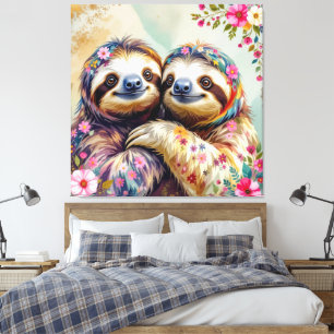Impressão Em Tela Floral Watercolor Sloths 1