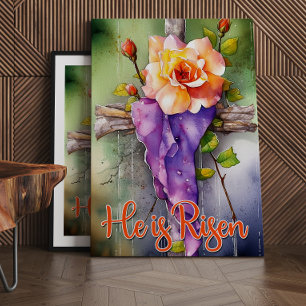 Impressão Em Tela Floral Wood Christian Cross, Ele é Risen Páscoa