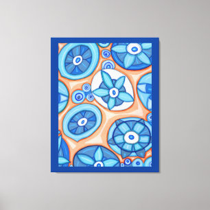 Impressão Em Tela Flores Abstrato azuis e laranja - Pintura original