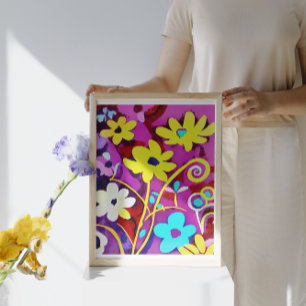Impressão Em Tela Flores Amarelas abstrato na Viva Magenta