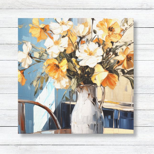 Impressão Em Tela Flores Amarelas e Brancas na Parede Azul Vase (Oil Painting Style Wall Art Canvas - White & Yellow Flowers in Vase - Blue Sunlit Wall)