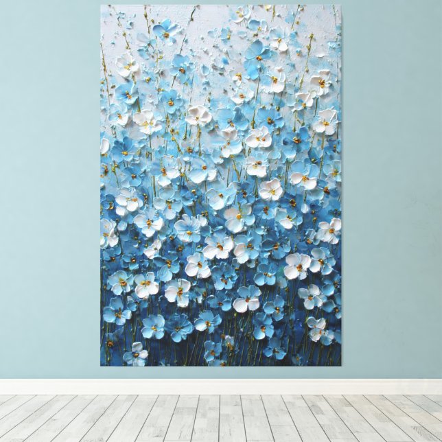 Impressão Em Tela Flores Azuis e Brancas com Abstrato Gradiente (Insitu(piso de madeira))