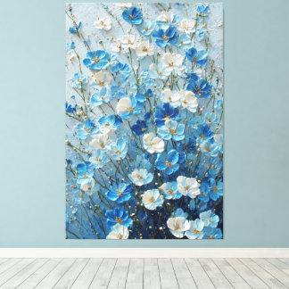 Impressão Em Tela Flores Azuis e Brancas em Azul Claro Abstrato