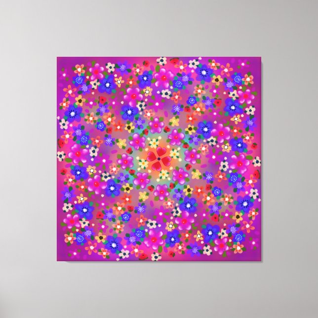 Impressão Em Tela Flores Azuis e Violetas e Corações Boho (Frente)