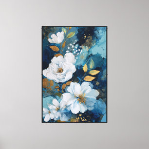 Impressão Em Tela Flores Brancas com Dourado e Verde sobre Azul