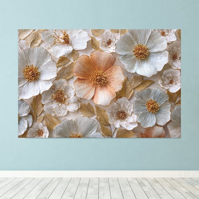 Impressão Em Tela Flores Brancas, Creme e Douradas com Acentos de Pê (Insitu(piso de madeira))