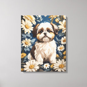 Impressão Em Tela Flores Brancas de Margarida Cachorros Shih Tzu