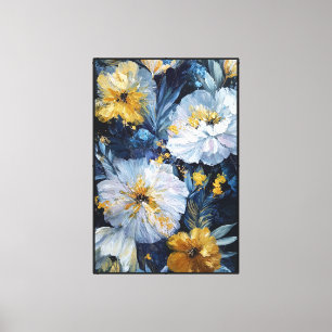 Impressão Em Tela Flores Brancas e Amarelas com Folhagem Azul
