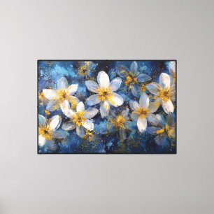 Impressão Em Tela Flores Brancas e Amarelas em Azul – Arte Abstrata