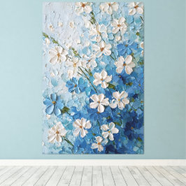 Impressão Em Tela Flores Brancas e Azuis em Parede Abstrata Turquesa