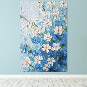 Impressão Em Tela Flores Brancas e Azuis em Parede Abstrata Turquesa