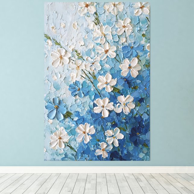 Impressão Em Tela Flores Brancas e Azuis em Parede Abstrata Turquesa (Insitu(piso de madeira))
