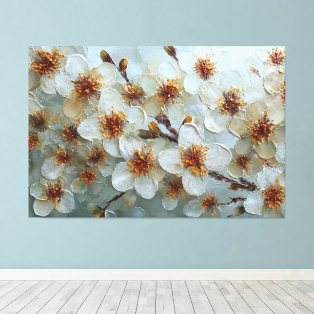 Impressão Em Tela Flores Brancas e Creme com Centros Laranja – Abs (Insitu(piso de madeira))