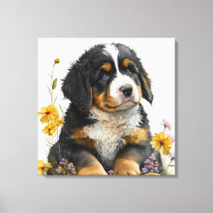 Impressão Em Tela Flores de Aquarela e Cachorrinho Bernês