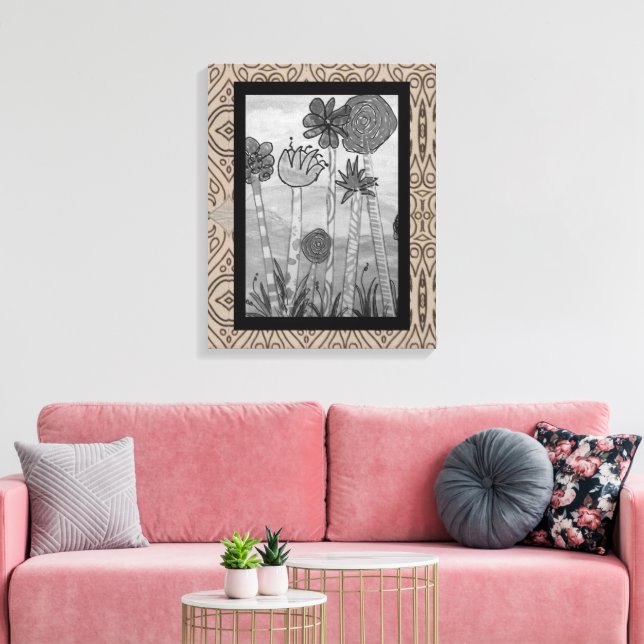 Impressão Em Tela Flores e Caules Divertidos Preto e Branco (Insitu(Sala de estar))