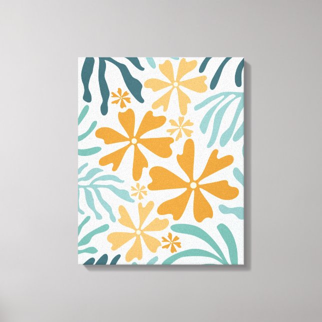 Impressão Em Tela Flores e Folhas Groovy Laranja, Azul Turquesa, Águ (Frente)
