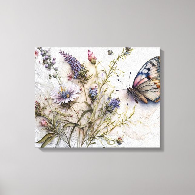 Impressão Em Tela Flores e Telas de Borboleta de Aquarela (Frente)