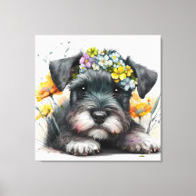 Flores em Aquarela e Cachorrinho Schnauzer 
