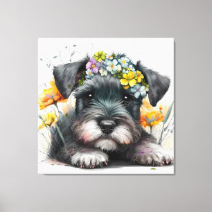Impressão Em Tela Flores em Aquarela e Cachorrinho Schnauzer
