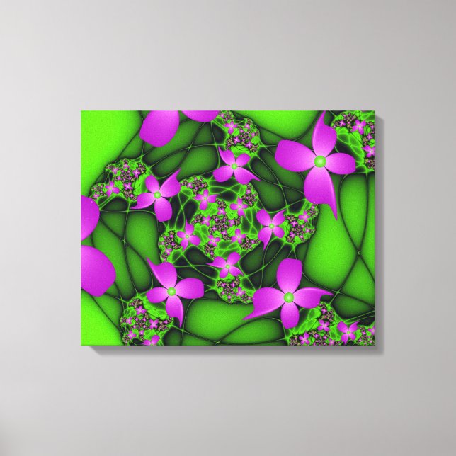 Impressão Em Tela Flores Fractais Abstratas Modernas Rosa Verde Neon (Frente)
