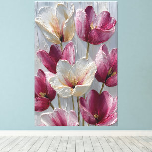 Impressão Em Tela Flores Magenta e Brancas com Textura Dourada