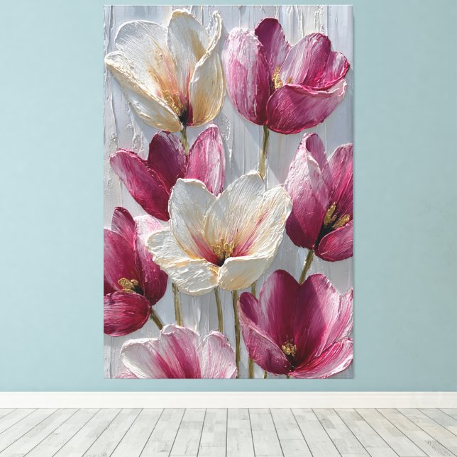 Impressão Em Tela Flores Magenta e Brancas com Textura Dourada (Insitu(piso de madeira))