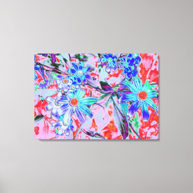 Impressão Em Tela Flores Retro Psicodélicas Aqua Verde e Laranja (Frente)