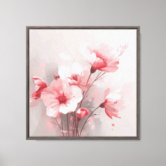 Impressão Em Tela Flores Rosa, Branco e Cinza (Frente)