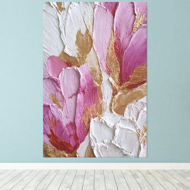 Impressão Em Tela Flores Rosa e Branca com Textura Dourada Abstrata (Insitu(piso de madeira))