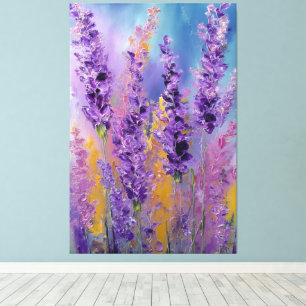 Impressão Em Tela Flores Roxas Amarelas Lavanda Abstratas na Parede