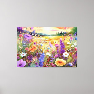 Impressão Em Tela Flores silvestres ao pôr do sol em aquarela