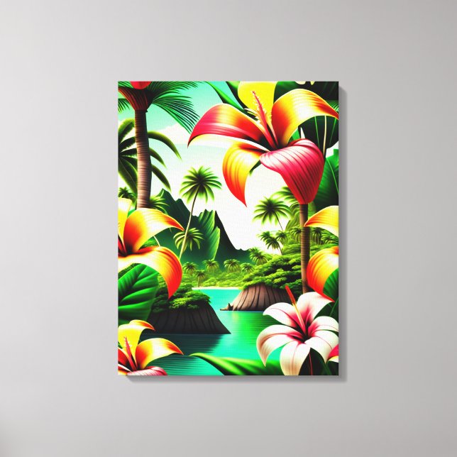 Impressão Em Tela Flores Tropicais e Palmeiras (Frente)