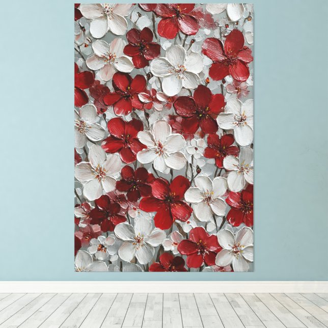 Impressão Em Tela Flores Vermelhas e Brancas em Fundo Cinza Impasto (Insitu(piso de madeira))