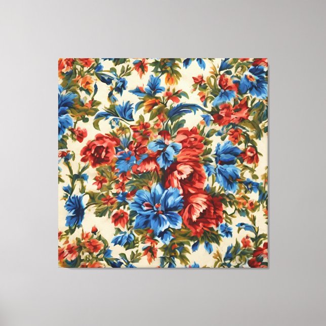 Impressão Em Tela Flores Vermelhos e Azuis com Folhas Lush Italianas (Frente)
