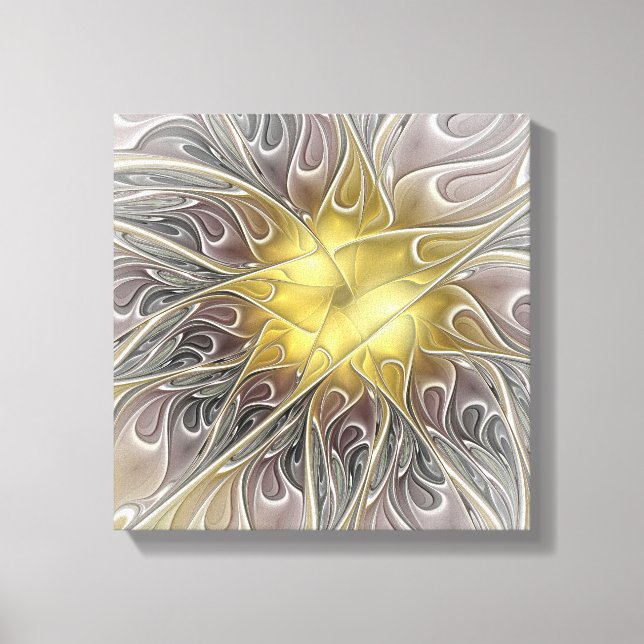 Impressão Em Tela Florescer Com Flor Fractal Abstrata Moderna Dourad (Frente)