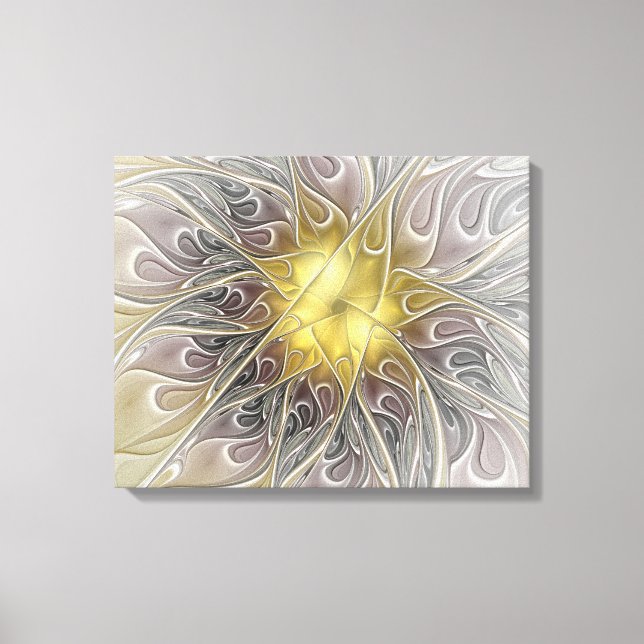 Impressão Em Tela Florescer Com Flor Fractal Abstrata Moderna Dourad (Frente)
