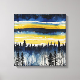 Impressão Em Tela Floresta amarela azul de pôr do sol Arte aquarela
