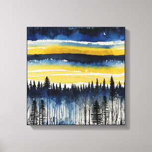 Impressão Em Tela Floresta amarela azul de pôr do sol Arte aquarela