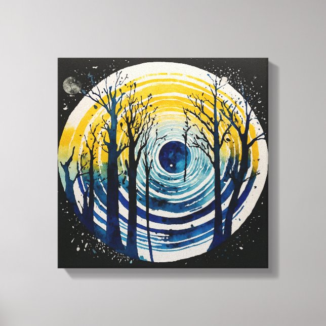 Impressão Em Tela Floresta amarela azul de pôr do sol Arte aquarela (Frente)