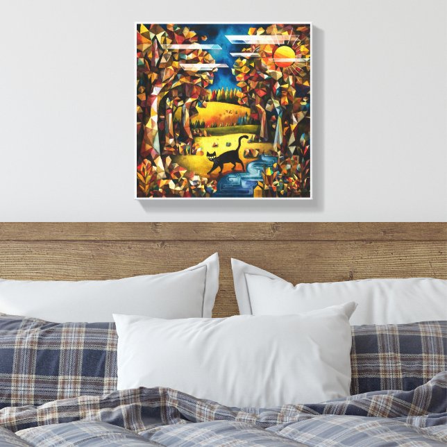 Impressão Em Tela Floresta Cubista de Outono com Rio e Prados (Insitu(Quarto))