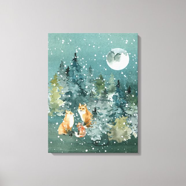 Impressão Em Tela Floresta da Família Raposa Neve da Lua Cheia (Frente)