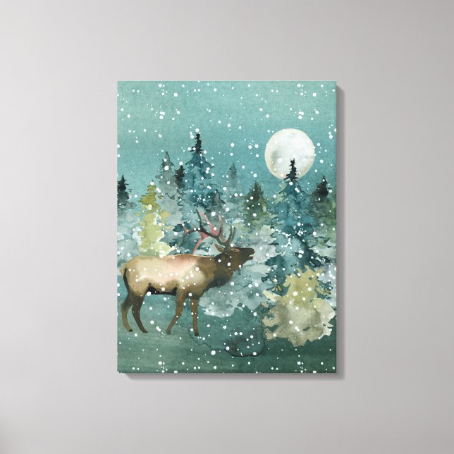 Impressão Em Tela Floresta Majestosa de Alces sob Luar com Nevasca (Frente)