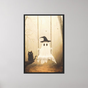 Impressão Em Tela Floresta Vintage Spooky - Ghost & Black Cat