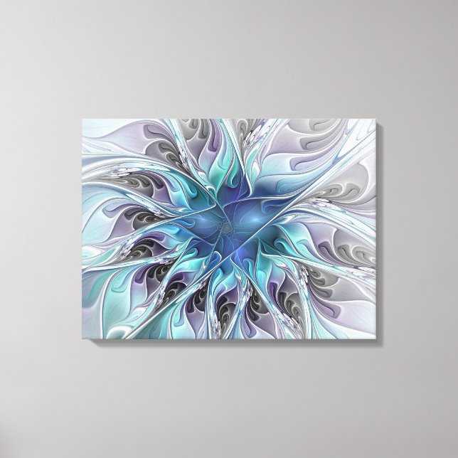 Impressão Em Tela Flourish Abstrato Modern Flower W. Blue Triptych (Frente)
