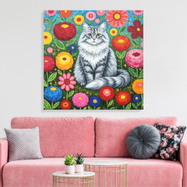 Impressão Em Tela Fluffy Gray Striped Cat with Folk Art Flowers
