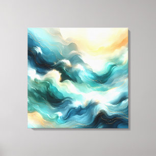 Impressão Em Tela Fluxo Dourado Oceânico Ondas Abstratas